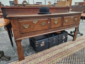 A 19th C. OAK THREE DRAWER DRESSER ON BALUSTER PILASTER FRONT LEGS. W 160 x D 52 x H 78cms.