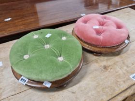 A PAIR OF ROSEWOOD CIRCULAR FOOTSTOOLS, ONE BUTTON UPHOLSTERED IN GREEN VELVET AND THE OTHER IN