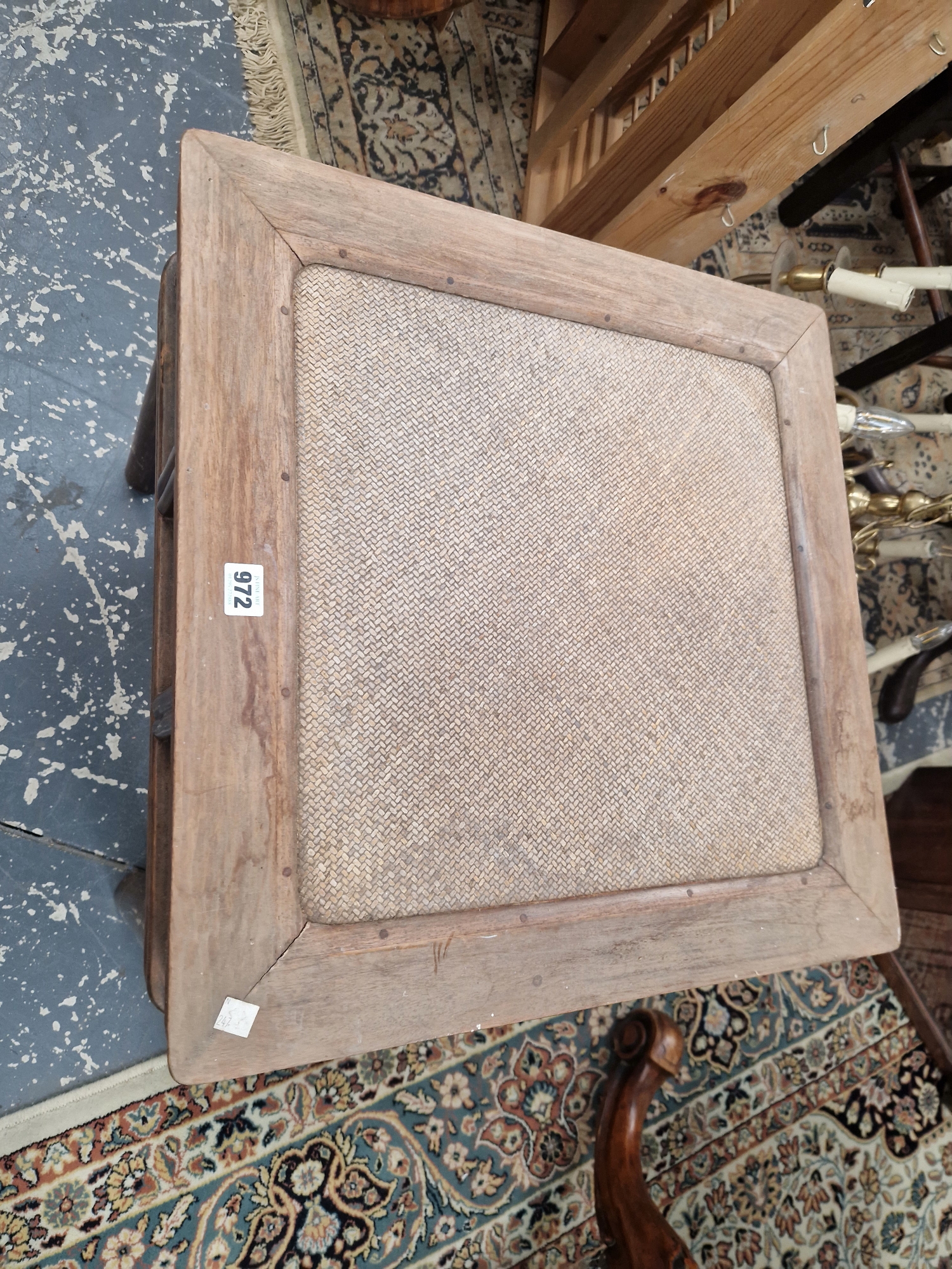 A CHINESE HARDWOOD TABLE, THE CANE INSET TOP ABOVE AN OPEN WORK APRON AND FOUR CYLINDRICAL LEGS.   W - Image 2 of 10