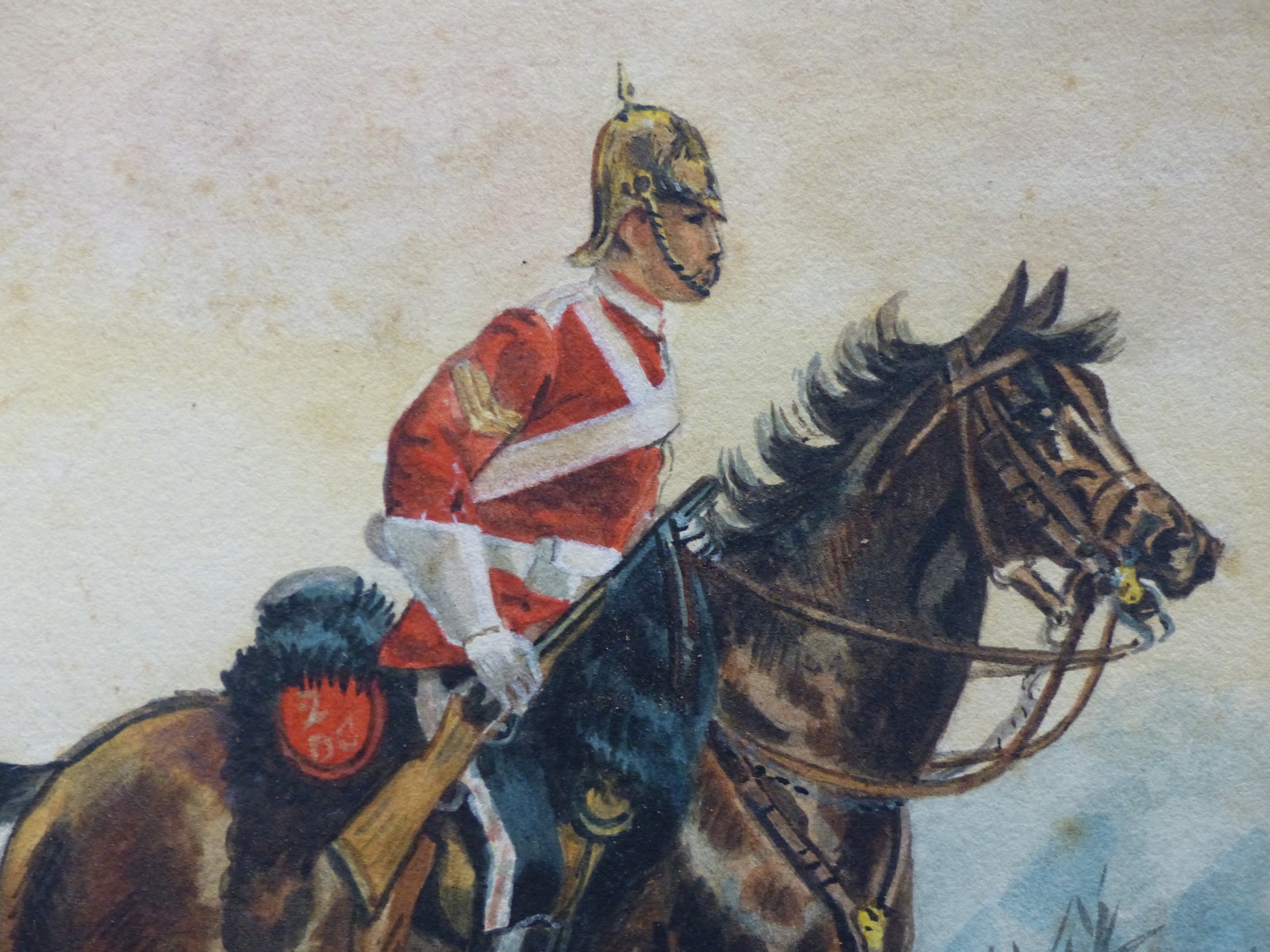 ENGLISH SCHOOL (19TH CENTURY), A MOUNTED OFFICER OF THE 2ND DRAGOONS, WATERCOLOUR, 19 x 20cms - Image 2 of 3
