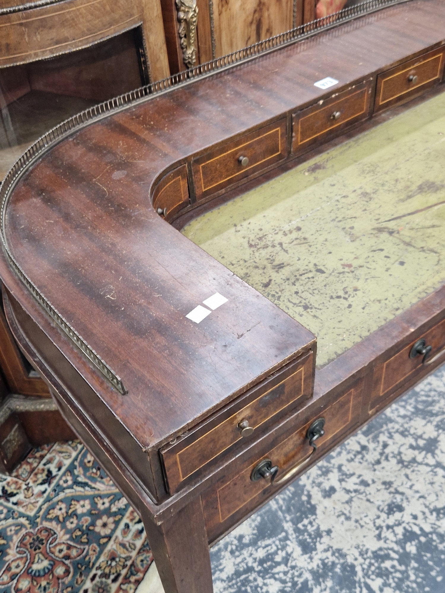 A MAHOGANY CARLTON HOUSE DESK, THE GALLERIED BACK ABOVE FIVE LINE INLAID DRAWERS BEFORE THE GREEN - Image 4 of 10