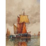 FREDERICK JAMES ALDRIDGE (1850-1933), BOATS IN CALM SEAS, SIGNED, WATERCOLOUR, 14 x 18cm.