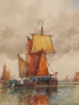 FREDERICK JAMES ALDRIDGE (1850-1933), BOATS IN CALM SEAS, SIGNED, WATERCOLOUR, 14 x 18cm.