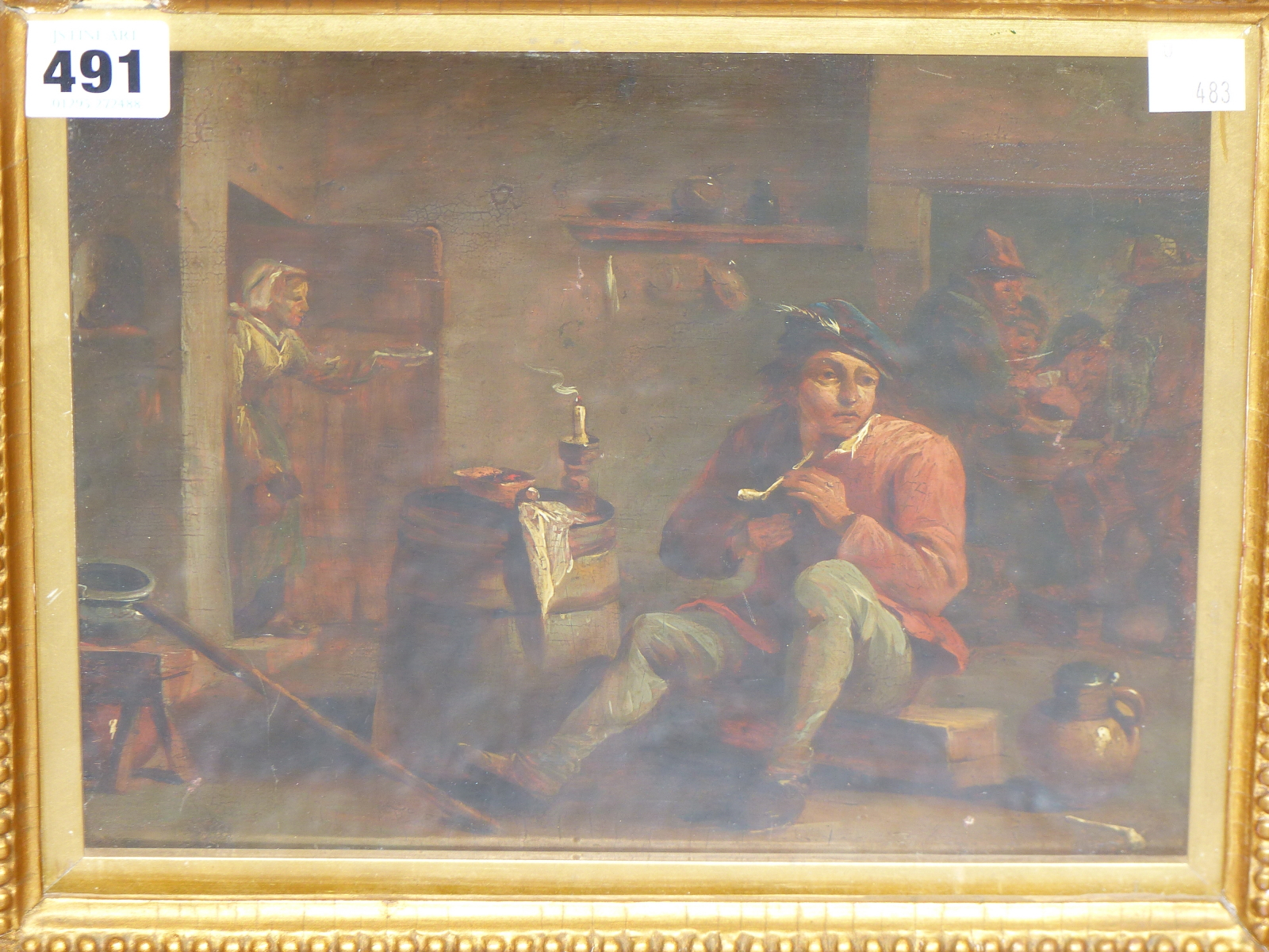 MANNER OF DAVID TENIERS THE YOUNGER, A PIPE SMOKER IN A TAVERN INTERIOR, OIL ON OAK PANEL, 24 x 18. - Image 2 of 8