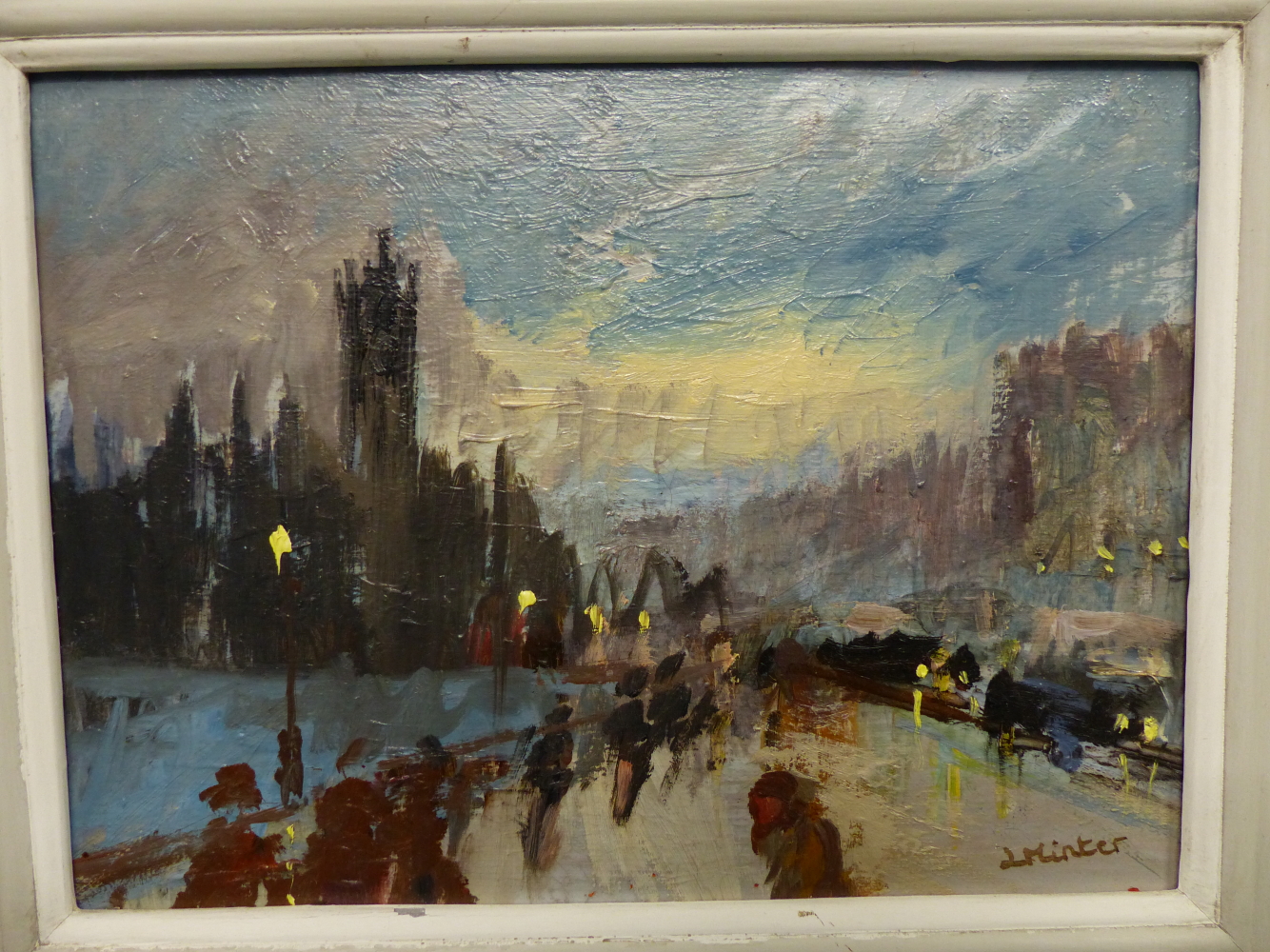 LYNDA MINTER (20TH/21ST CENTURY), CITY VIEW AT NIGHT, SIGNED, OIL ON CANVAS, 22.5 x 16.5cm.