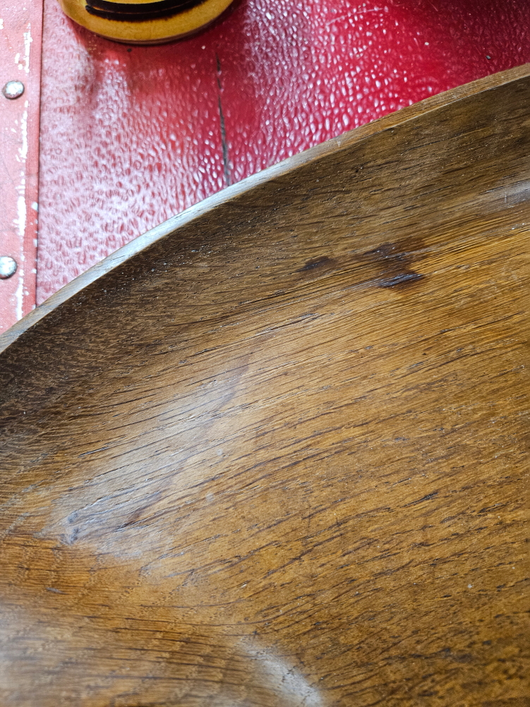 AN ARTS AND CRAFTS OAK TWO HANDLED TRAY INDISTINCTLY SIGNED BY A CRAFTSMAN FROM RYE - Image 4 of 11