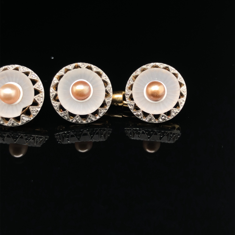 A PAIR OF CULTURED PEARL, DIAMOND AND CAMPHOR GLASS CUFFLINK / DRESS BUTTONS. EACH PAIR JOINED BY - Image 5 of 6