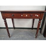 A 19th C. MAHOGANY TWO DRAWER TABLE WITH A RECTANGULAR TOP ON TURNED CYLINDRICAL LEGS WITH SPINDLE