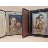 TWO PRE WWII EASEL BACKED LEATHER CASED OVER PAINTED PHOTOGRAPHIC MINIATURES OF A LADY, ONE