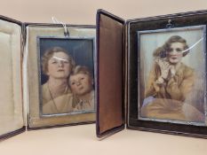 TWO PRE WWII EASEL BACKED LEATHER CASED OVER PAINTED PHOTOGRAPHIC MINIATURES OF A LADY, ONE