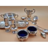 MISCELLANEOUS 20th C. SILVER, TO INCLUDE CRUETS, A TWO HANDLED BOWL, A TROPHY CUP, TEA SPOONS AND