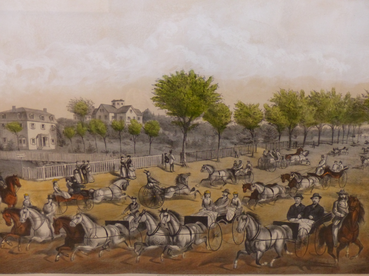 TROTTING CRACKS ON THE BRIGHTON ROAD (SCENE, MILE GROUND), 19TH CENTURY AMERICAN LITHOGRAPH WITH