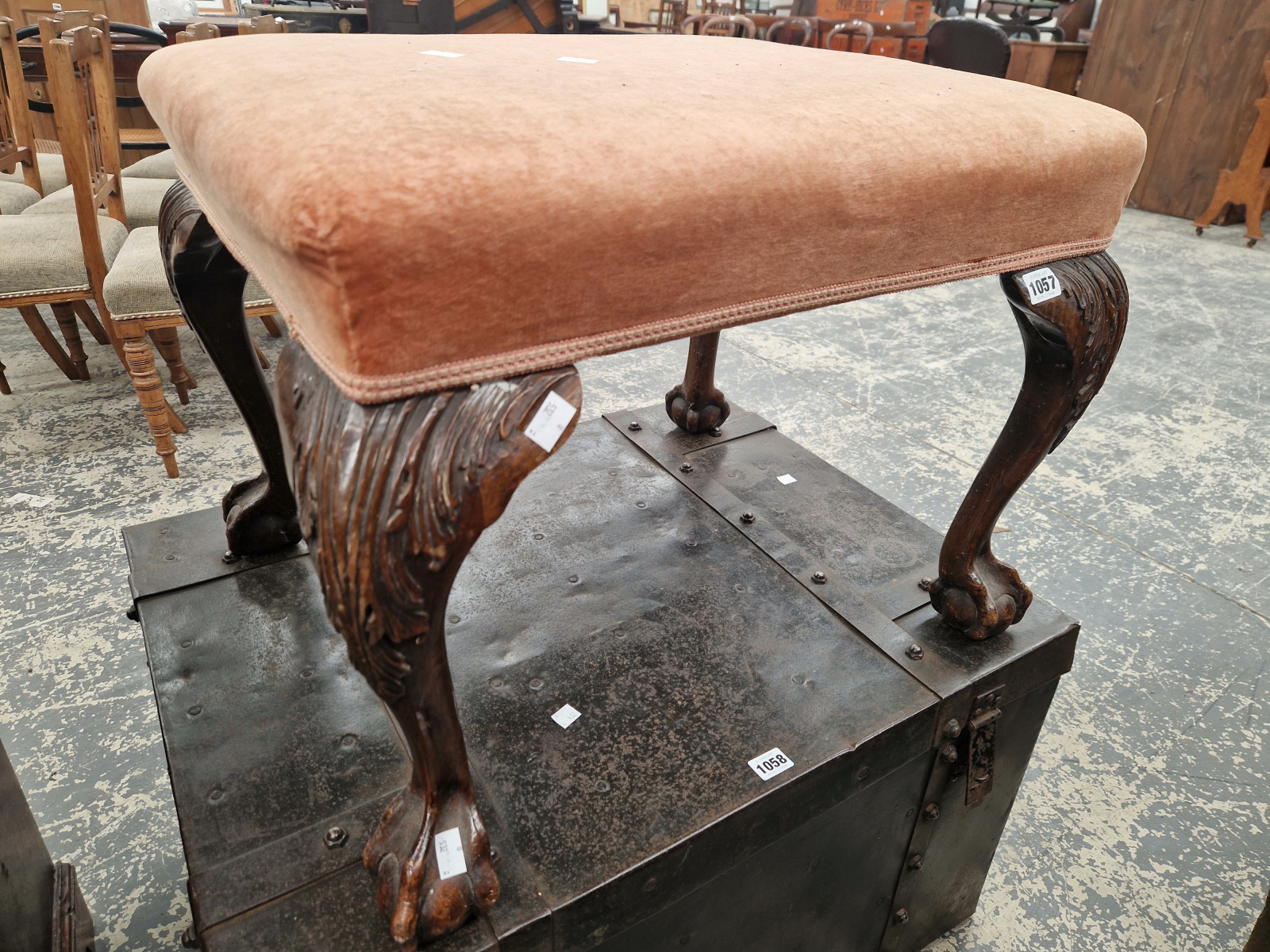 A MAHOGANY STOOL, THE PINK VELVET SEAT ON CABRIOLE LEGS WITH BALL AND CLAW FEET