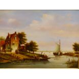 MARTINUS VELDMATEN (20TH CENTURY) DUTCH, RIVER SCENE WITH BOATS AND FIGURES, OIL ON PANEL, 39 x 28.
