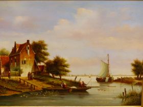 MARTINUS VELDMATEN (20TH CENTURY) DUTCH, RIVER SCENE WITH BOATS AND FIGURES, OIL ON PANEL, 39 x 28.