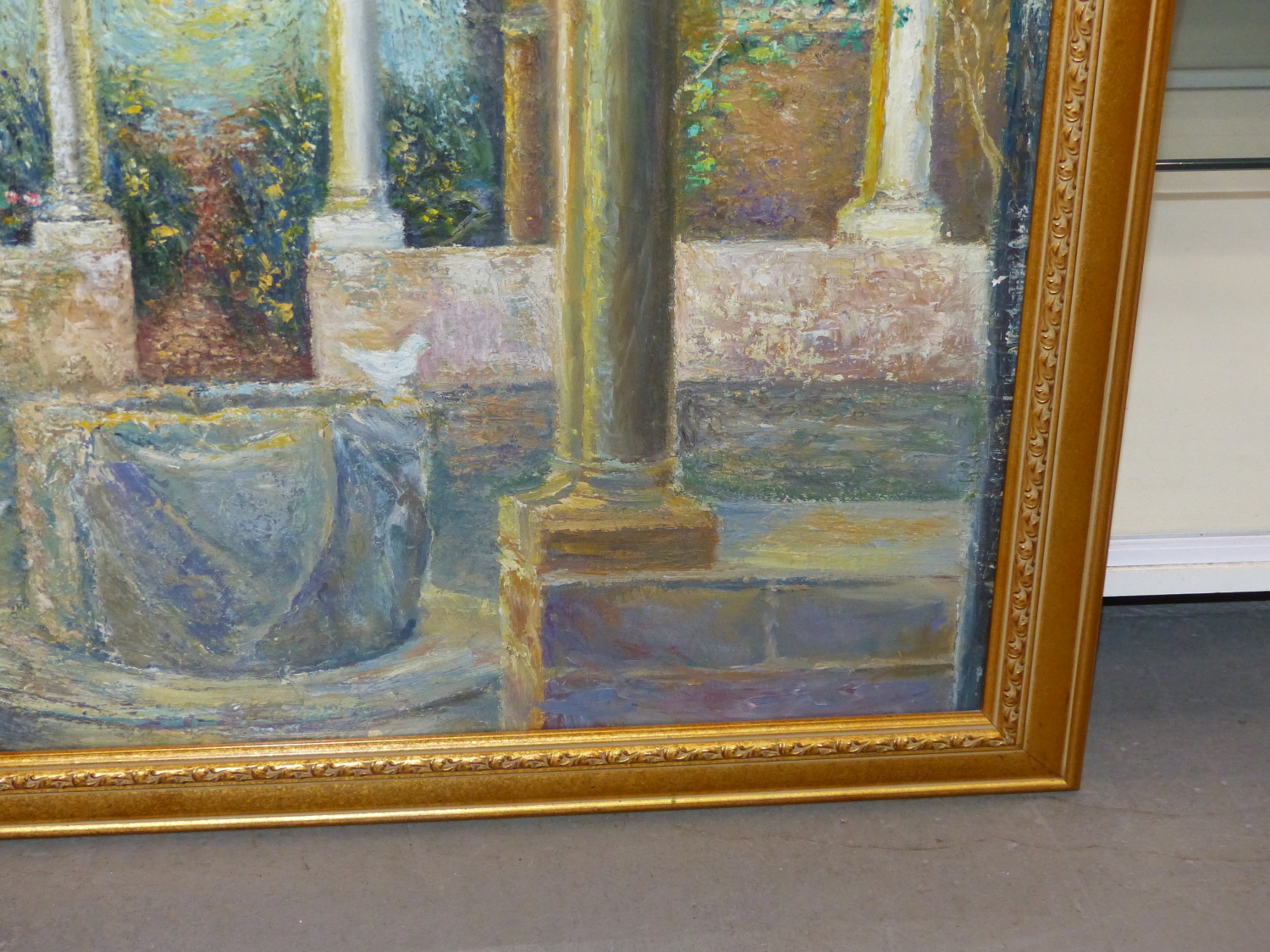 CONTINENTAL SCHOOL (20TH CENTURY), INTERIOR COURTYARD SCENE WITH DOVES AROUND A WELL, IMPASTO OIL, - Image 3 of 6