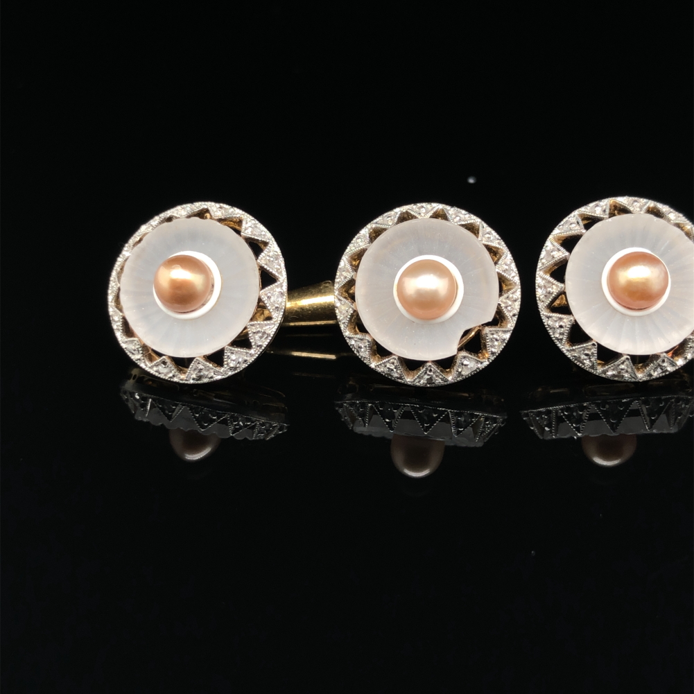 A PAIR OF CULTURED PEARL, DIAMOND AND CAMPHOR GLASS CUFFLINK / DRESS BUTTONS. EACH PAIR JOINED BY - Image 4 of 6