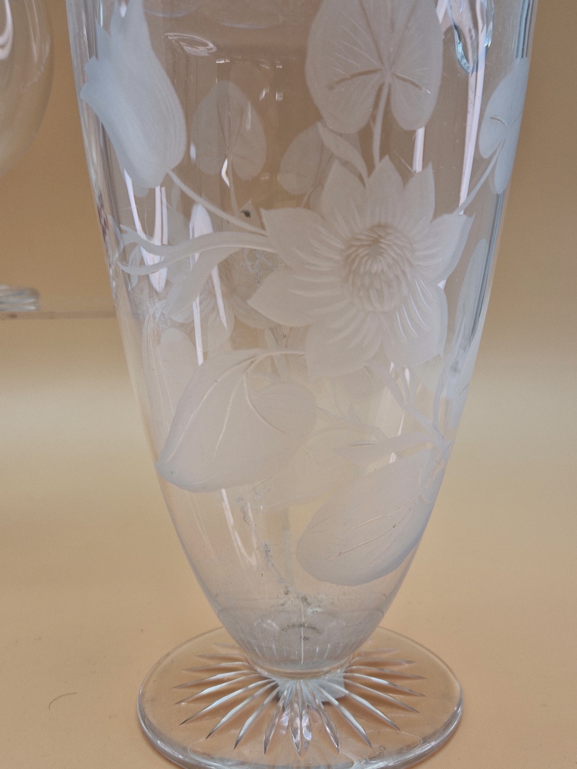 TWO LATE VICTORIAN BALUSTER GLASS EWERS, BOTHER WITH HOLLOW HANDLES, ONE ENGRAVED WITH TRAILING - Image 7 of 8