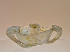 A CHINESE AGATE BOWL, THE SIDES PIERCED AND CARVED WITH THREE LINGZHIH FUNGUS, THE GREY STONE WITH