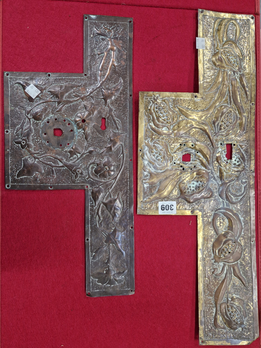 AN ARTS AND CRAFTS COPPER CEILING LIGHT, THE SOCKET BELOW A ROSETTE OF LEAVES, A COLUMN AND THREE - Image 2 of 15