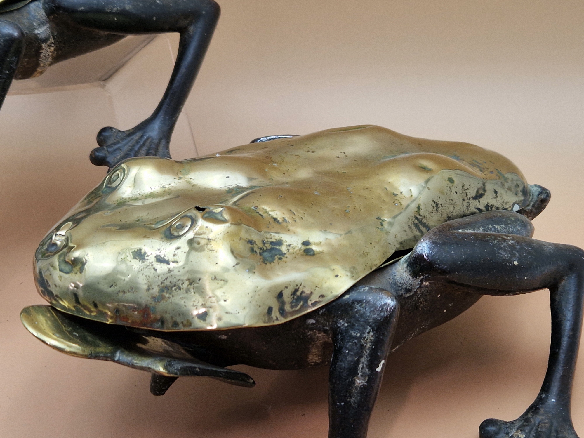 A PAIR OF BRASS AND IRON FROG FORM SPITTOONS, THE BRASS BODIES OPENING WITH THE AID OF TONGUE - Image 3 of 7