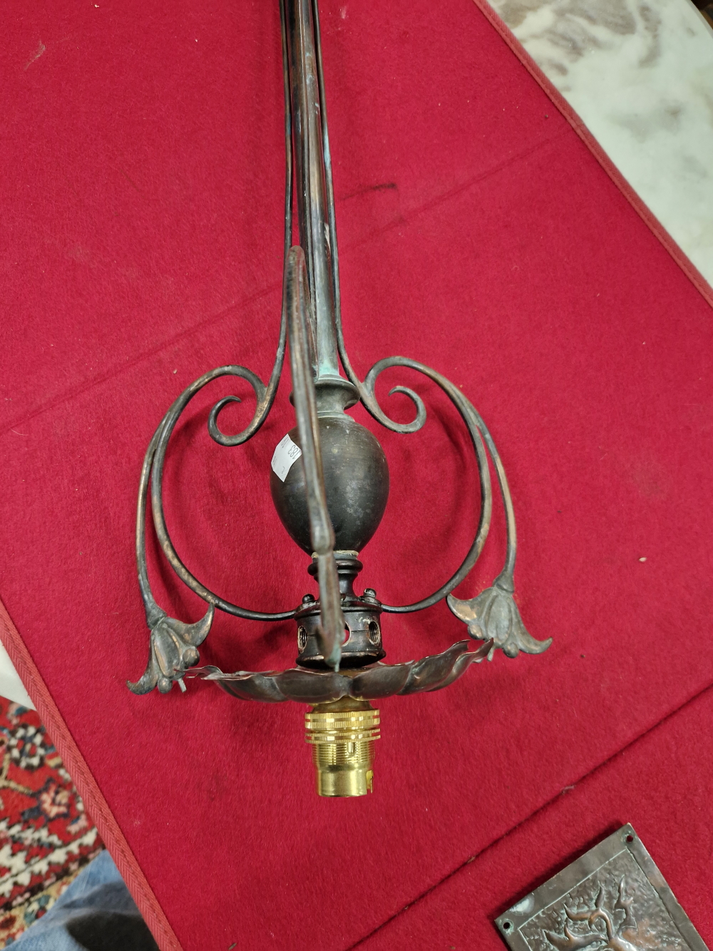 AN ARTS AND CRAFTS COPPER CEILING LIGHT, THE SOCKET BELOW A ROSETTE OF LEAVES, A COLUMN AND THREE - Image 10 of 15