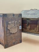 AN ART NOUVEAU MAHOGANY BOX, THE SIDES INLAID WITH COPPER GEOMETRIC ARCHES, THE LID MARQUETRIED WITH