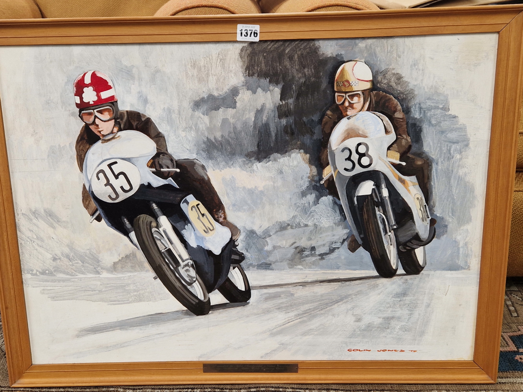 ROD GOULD. AN OIL ON CANVAS BOARD PAINTING DEPICTING GOULD AND MIKE HAILWOOD RACING NORTON AND HONDA - Image 3 of 5