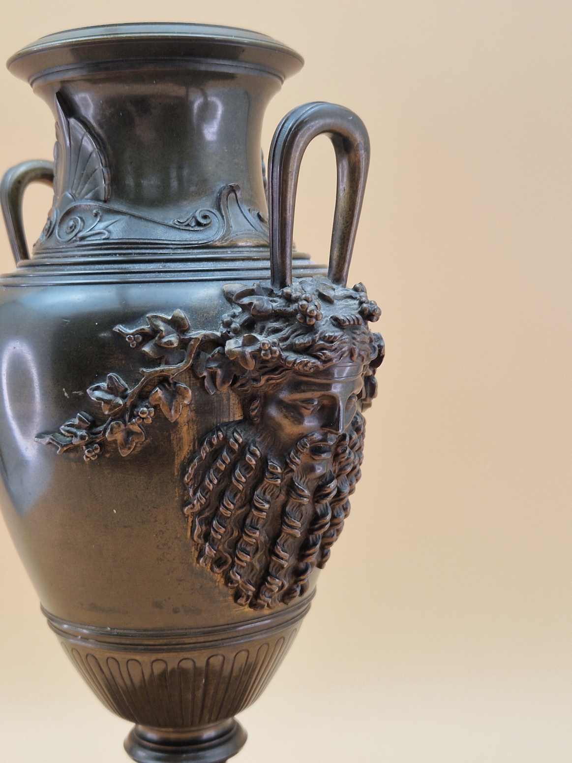 A BRONZE BALUSTER VASE, THE TWO HANDLES WITH BEARDED MASK TERMINALS, THE FOOT RESTING ON BLACK - Image 2 of 9