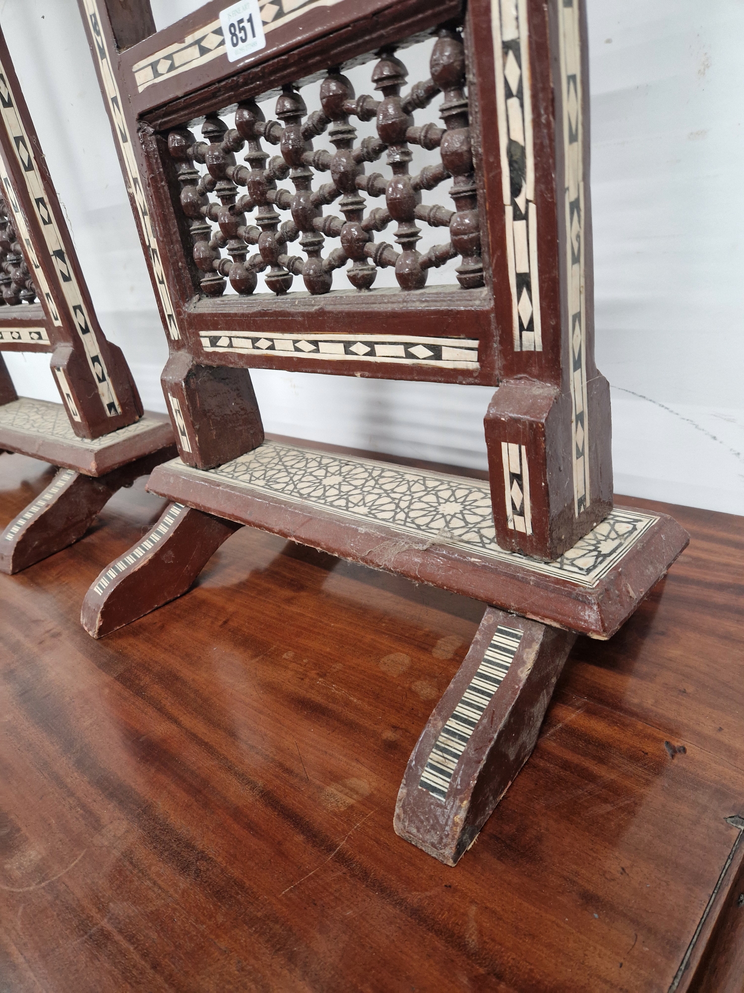 A PAIR OF ISLAMIC FOLDING OCTAGONAL TABLES GEOMETRICALLY INLAID IN MOTHER OF PEARL AND EBONY - Image 3 of 13