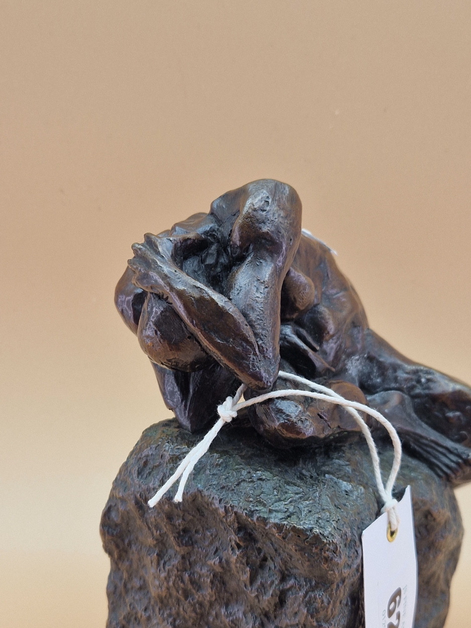 FELIPE GONZALEZ, A CONTEMPORARY BRONZE SCULPTURE OF A NAKED MAN CROUCHED ON A ROCK. H 18cms. - Image 3 of 7