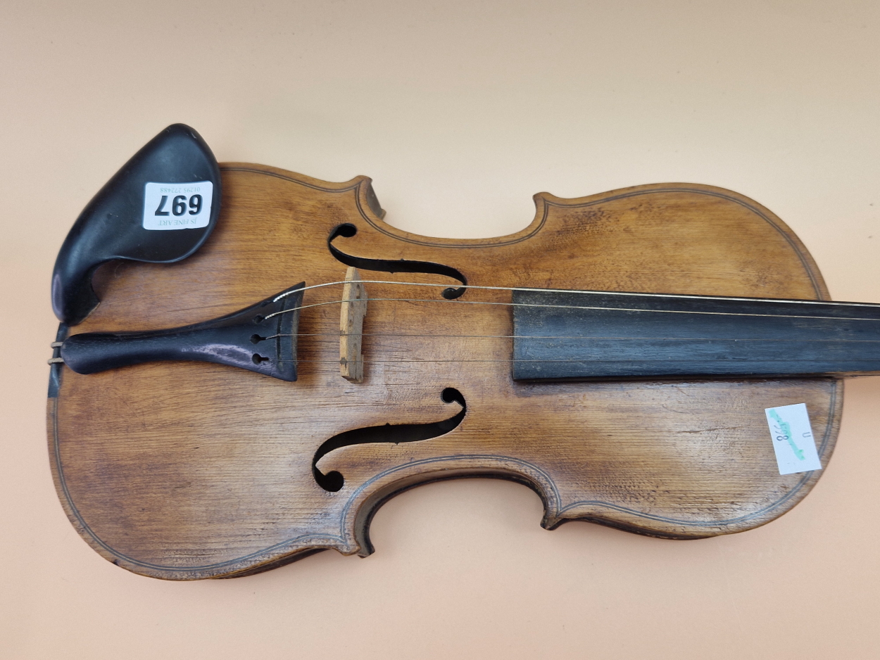 A VIOLIN AND BOW, THE BACK OF THE FORMER. 34CMS. - Image 2 of 8