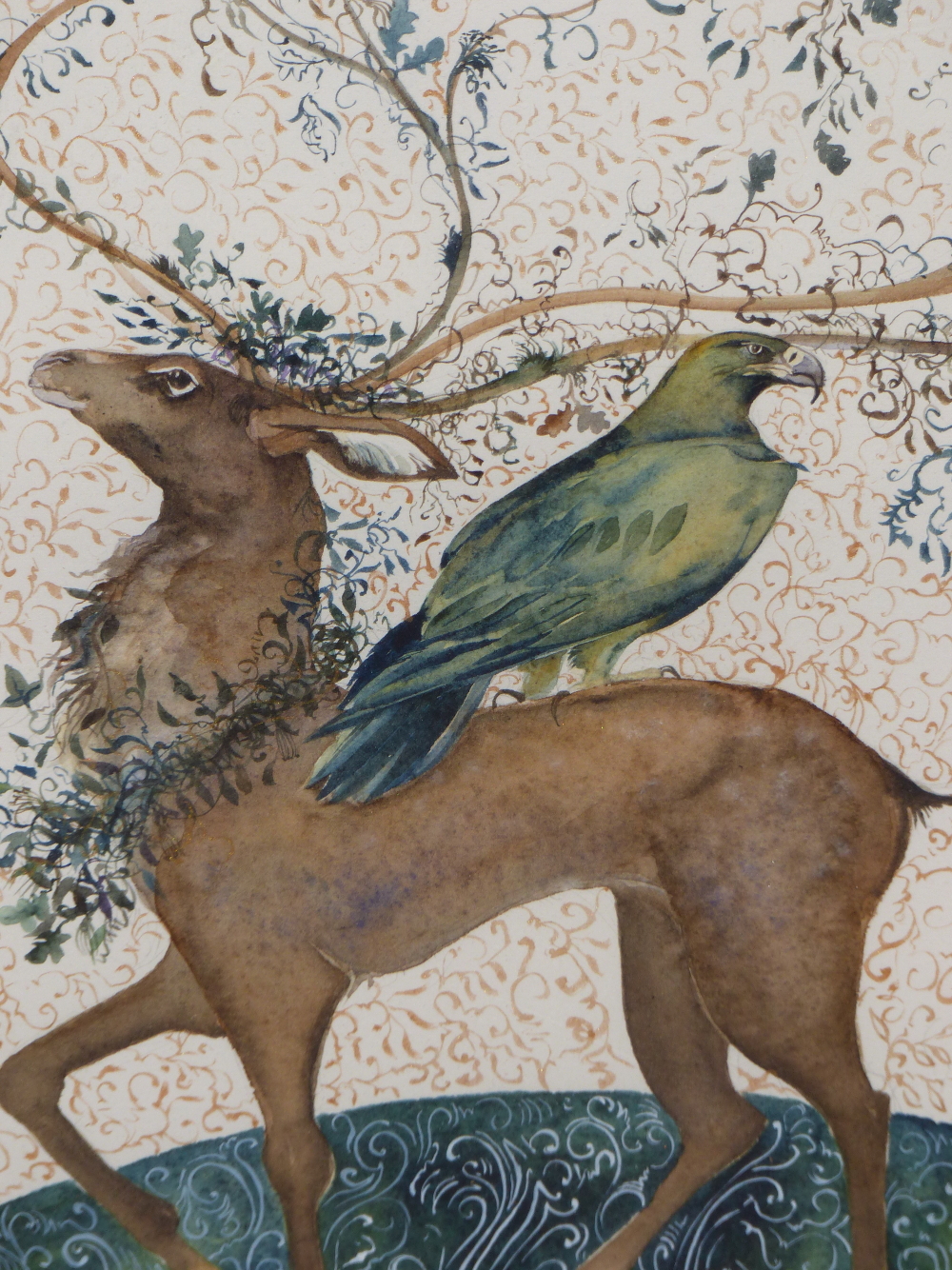 JACKIE MORRIS (20TH/21ST CENTURY) ARR, STAG AND EAGLE, WATERCOLOUR HIGHLIGHTED WITH GILT, 24.5 x - Image 4 of 8