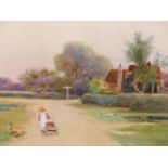 LEOPOLD RIVERS (1852-1905), CHILDREN AND A BABY IN A VILLAGE LANDSCAPE, SIGNED, WATERCOLOUR, 74 x