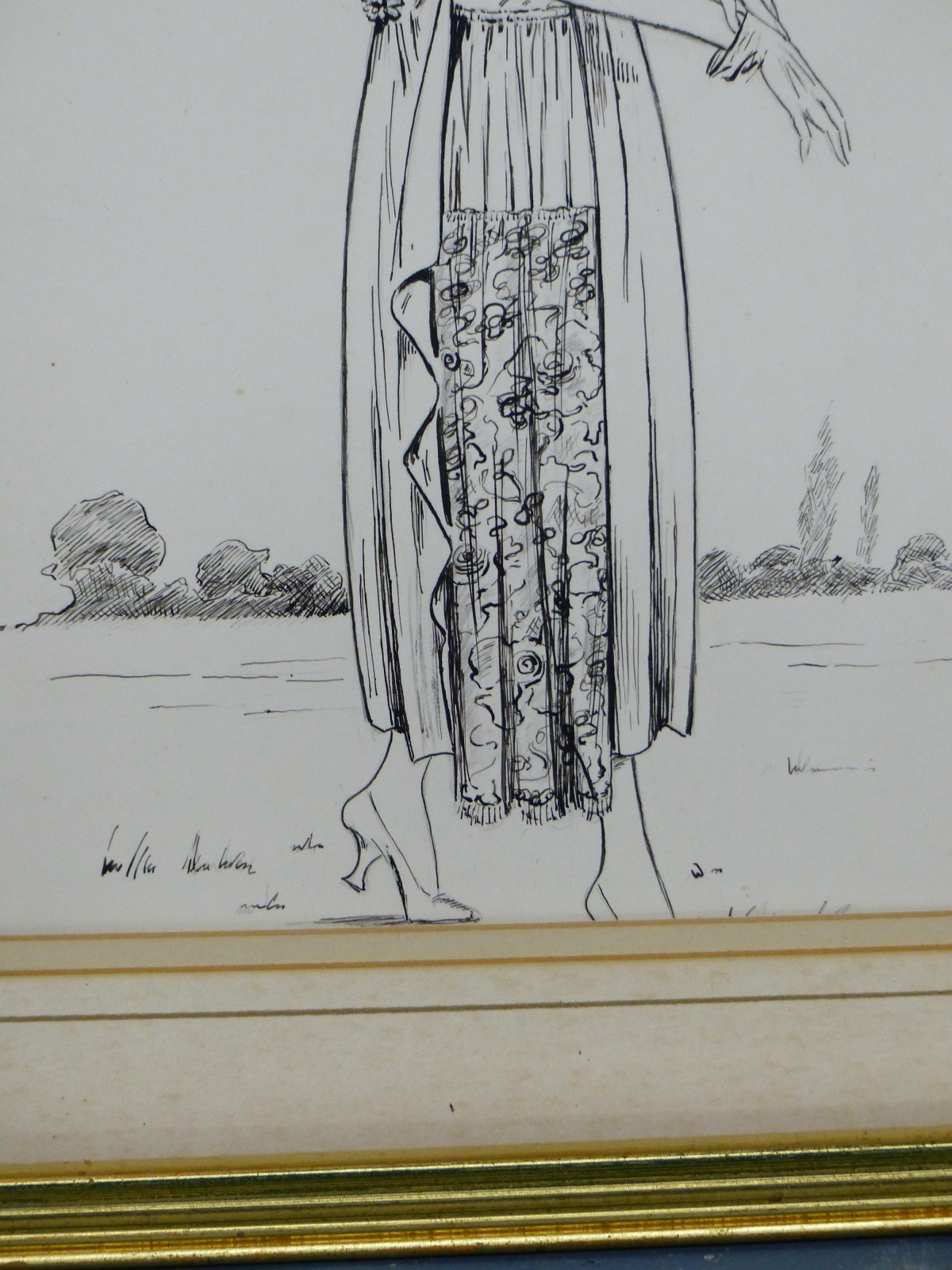 ATTRIBUTED TO ELLEN DYER, A 1920S LADY WALKING AS SHE PUTS ON HER GLOVES, PEN AND INK. 33 x 23cms. - Image 4 of 5