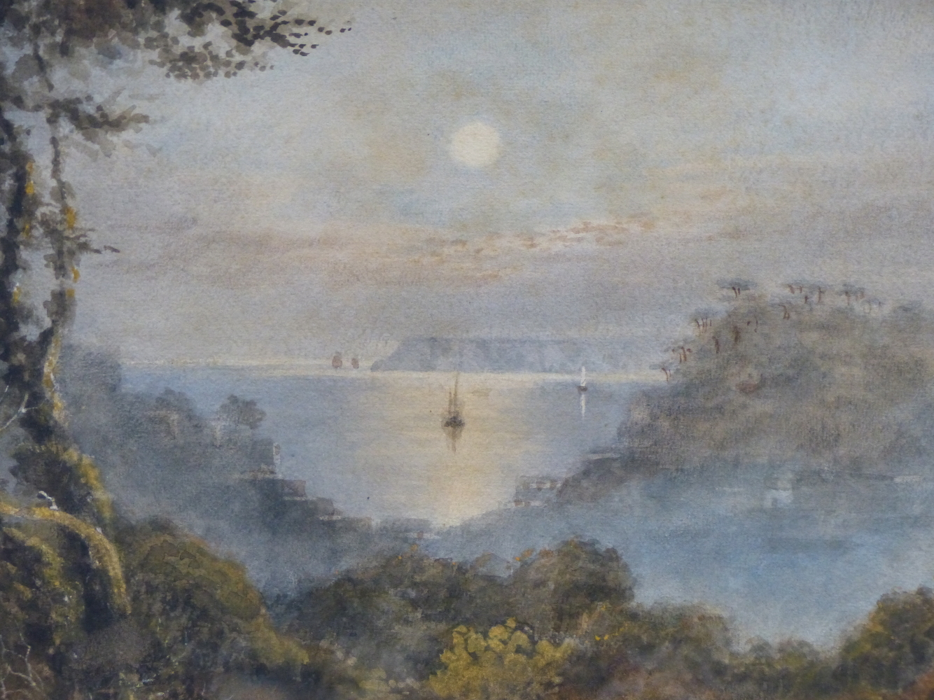 BRITISH SCHOOL (19TH CENTURY), MOONLIT COASTAL SCENE WITH BOAT IN A BAY, WATERCOLOUR, 39 x 29.5cm.