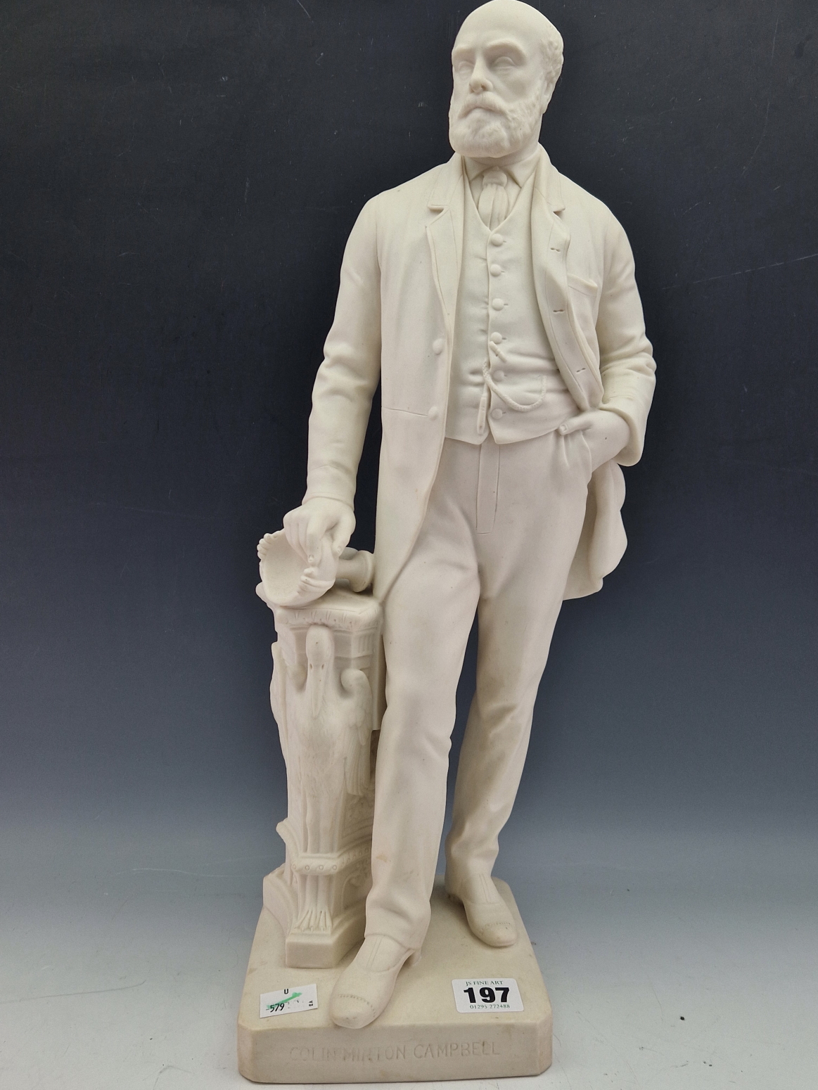 A 19th C. PARIAN FIGURE OF COLIN MINTON CAMPBELL STANDING HOLDING A CUP ON A COLUMN MOULDED THIS - Image 2 of 11