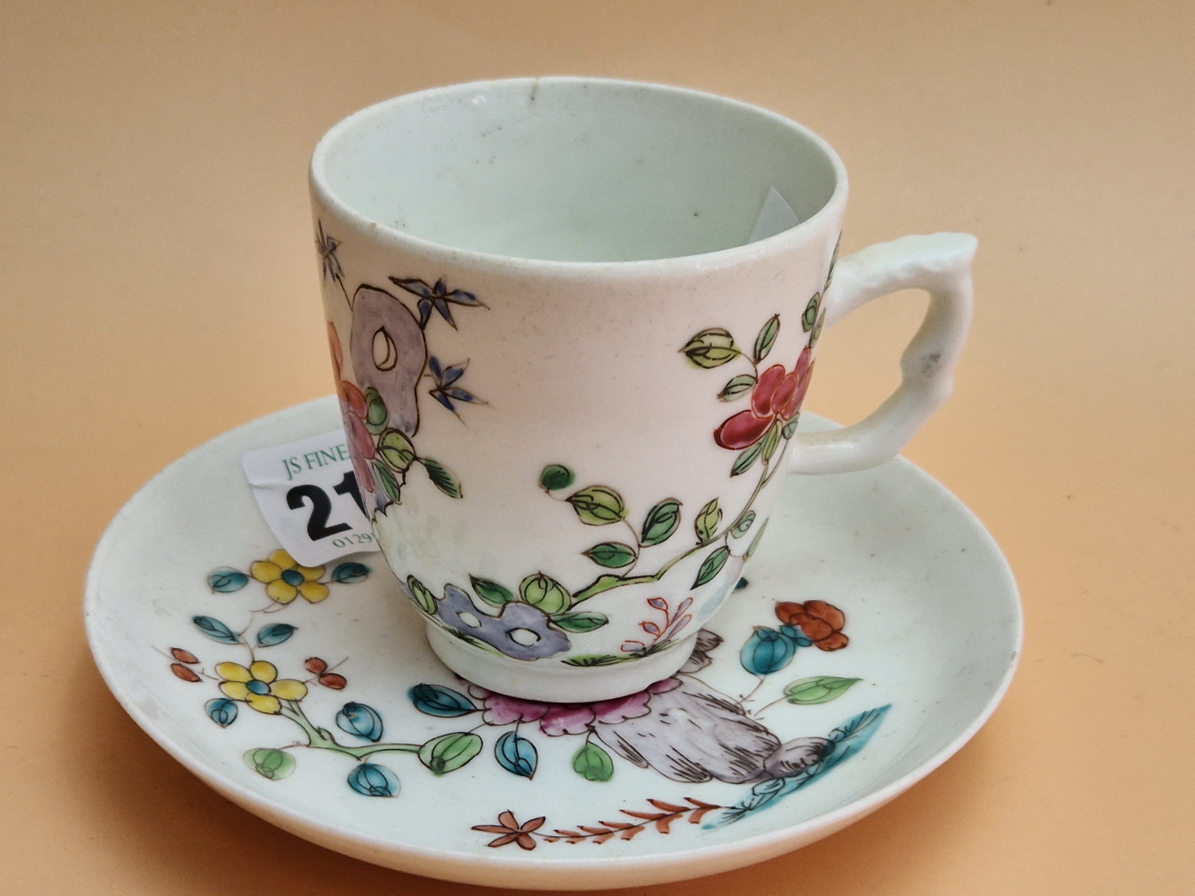 A BOW PORCELAIN COFFEE CUP AND SAUCER PAINTED WITH FLOWERS GROWING BY ROCKS - Image 2 of 6