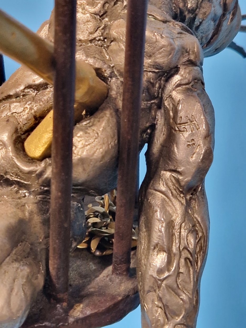 FELIPE GONZALEZ, A CONTEMPORARY BRONZE SCULPTURE OF A MAN IN A CAGE HELD ON A BRACKET ARM RESTING ON - Image 8 of 13