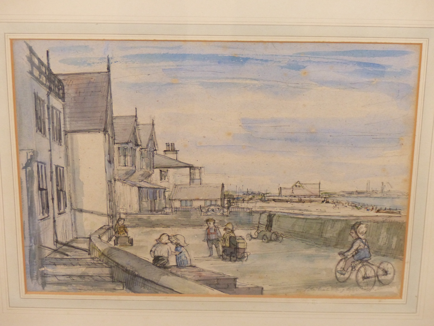 PETER CUMMING (1916-1993) ARR, CHILDREN PLAYING BY HARBOUR FRONT HOUSES, SIGNED AND DATED 20/4/52,