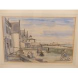 PETER CUMMING (1916-1993) ARR, CHILDREN PLAYING BY HARBOUR FRONT HOUSES, SIGNED AND DATED 20/4/52,