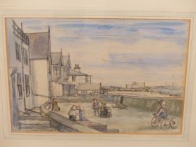 PETER CUMMING (1916-1993) ARR, CHILDREN PLAYING BY HARBOUR FRONT HOUSES, SIGNED AND DATED 20/4/52,