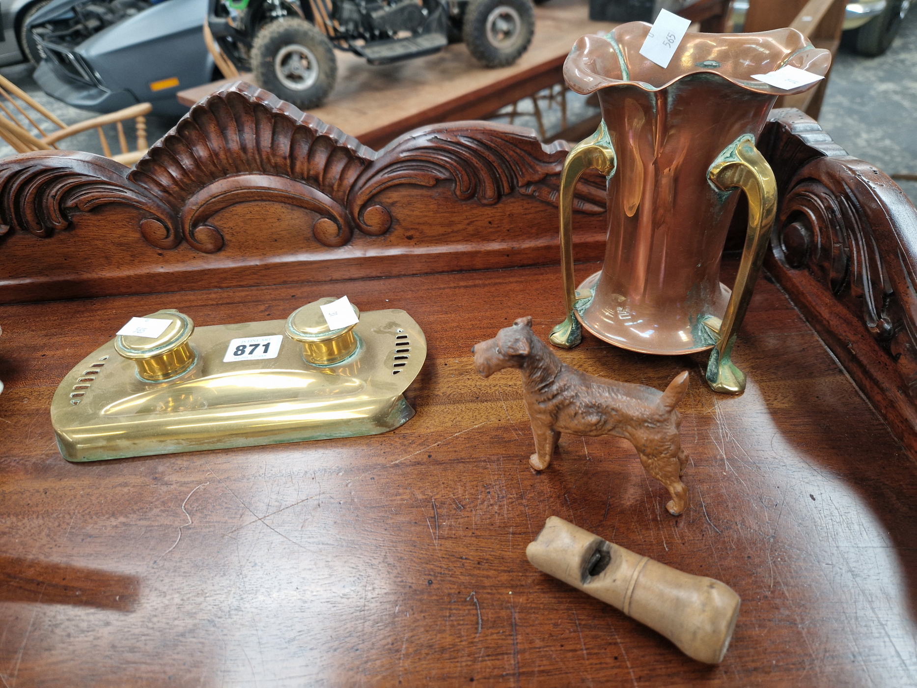 A BRASS INKSTAND, TWO COPPER VASES, A COPPER OIL POURER, A COLD PAINTED AIREDALE AND A WOODEN - Image 2 of 3