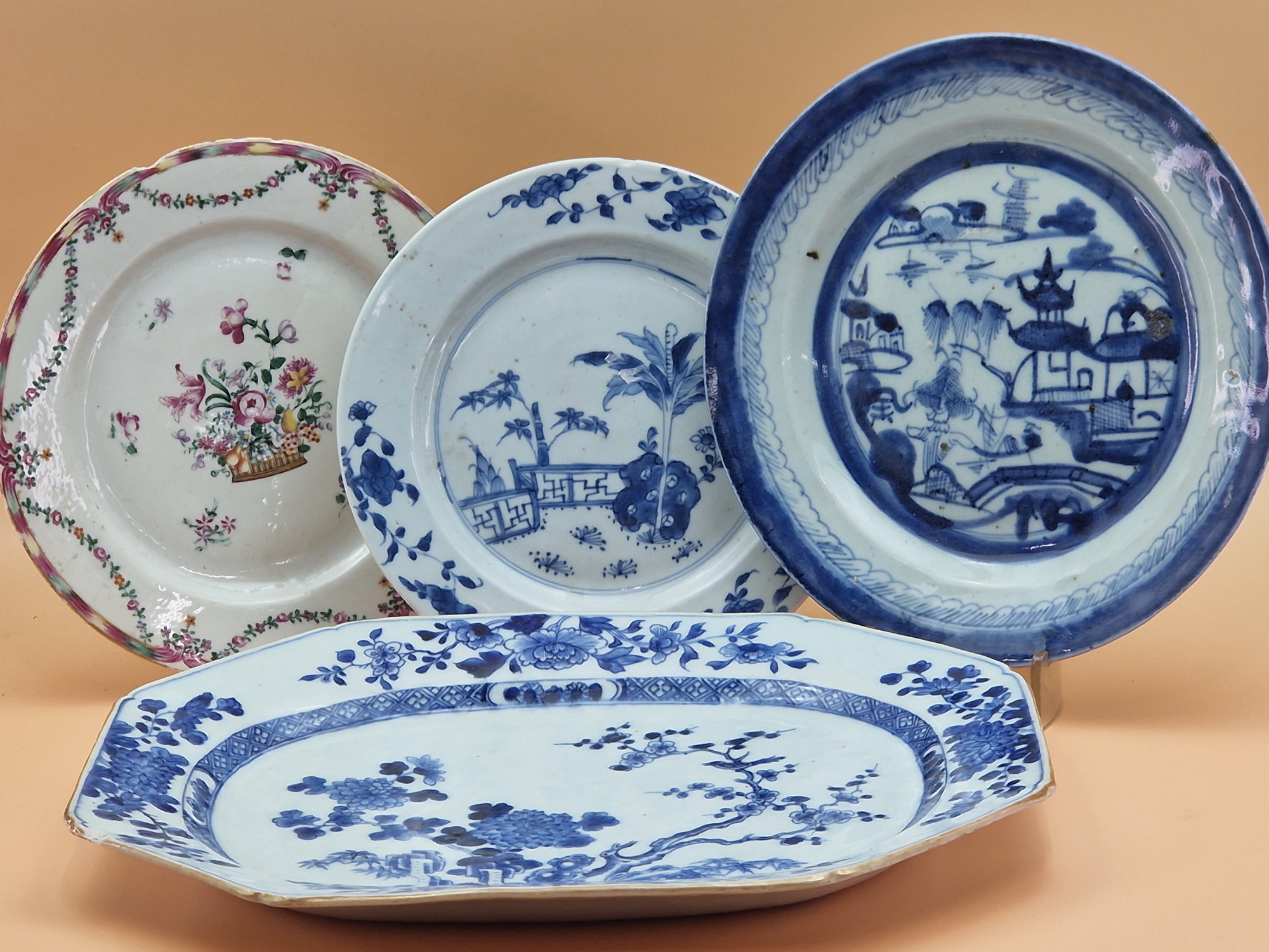 AN 18th C. CHINESE BLUE AND WHITE PLATTER, TWO PLATES, A FAMILLE ROSE PLATE, TWO BOWLS, A SPOON, A - Image 2 of 29