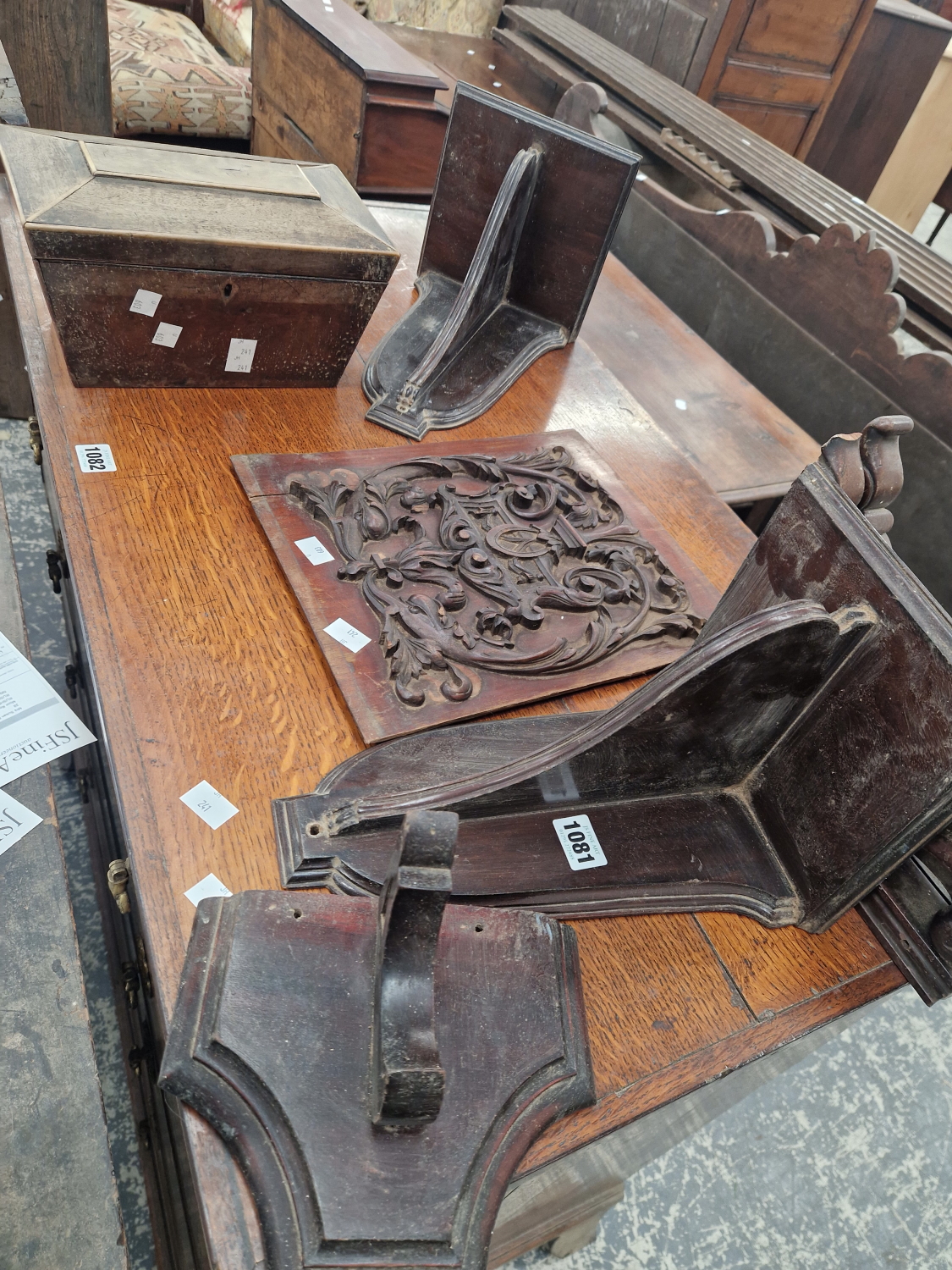 A PAIR OF SMALL 19TH CENTURY MAHOGANY WALL BRACKETS, A CARVED PANEL, A TEA CADDY AND OTHER - Image 2 of 2