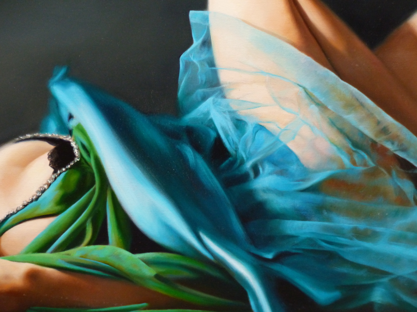 TINA SPRATT (B.1976) ARR, "TEAL", RECLINING WOMAN IN EVENING DRESS, SIGNED WITH MONOGRAM, OIL ON - Image 4 of 7