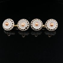 A PAIR OF CULTURED PEARL, DIAMOND AND CAMPHOR GLASS CUFFLINK / DRESS BUTTONS. EACH PAIR JOINED BY