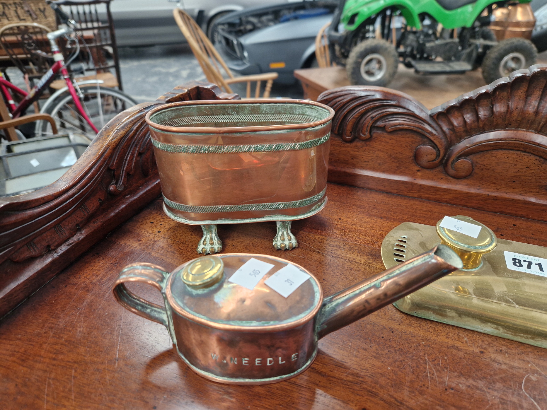 A BRASS INKSTAND, TWO COPPER VASES, A COPPER OIL POURER, A COLD PAINTED AIREDALE AND A WOODEN - Image 3 of 3