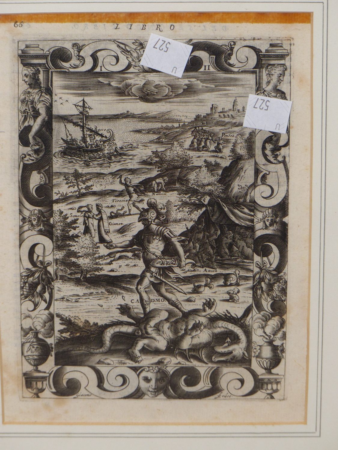 TWO FRAMED ENGRAVED BOOK PLATES DEPICTING JASON AND THE COLCHIS BULLS AND CADMUS SLAYING THE DRAGON, - Image 2 of 4