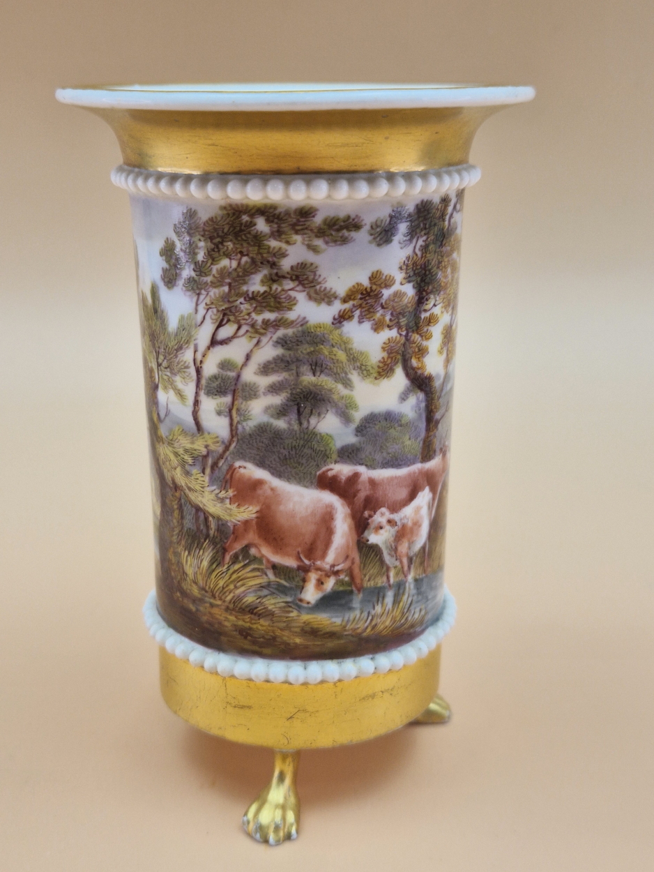 A DERBY HAND PAINTED SMALL SPILL VASE WITH FARMER AND WIFE, DONKEY, GOATS AND CATTLE BEFORE A - Image 3 of 6